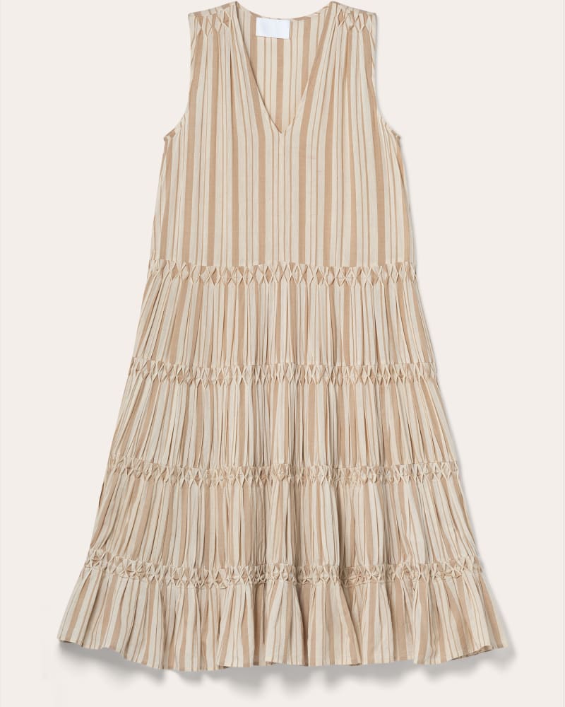 Front of a size XXL Wallis Smocked Dress in Driftwood Yarn Dyed Stripe by Merlette. | dia_product_style_image_id:348158